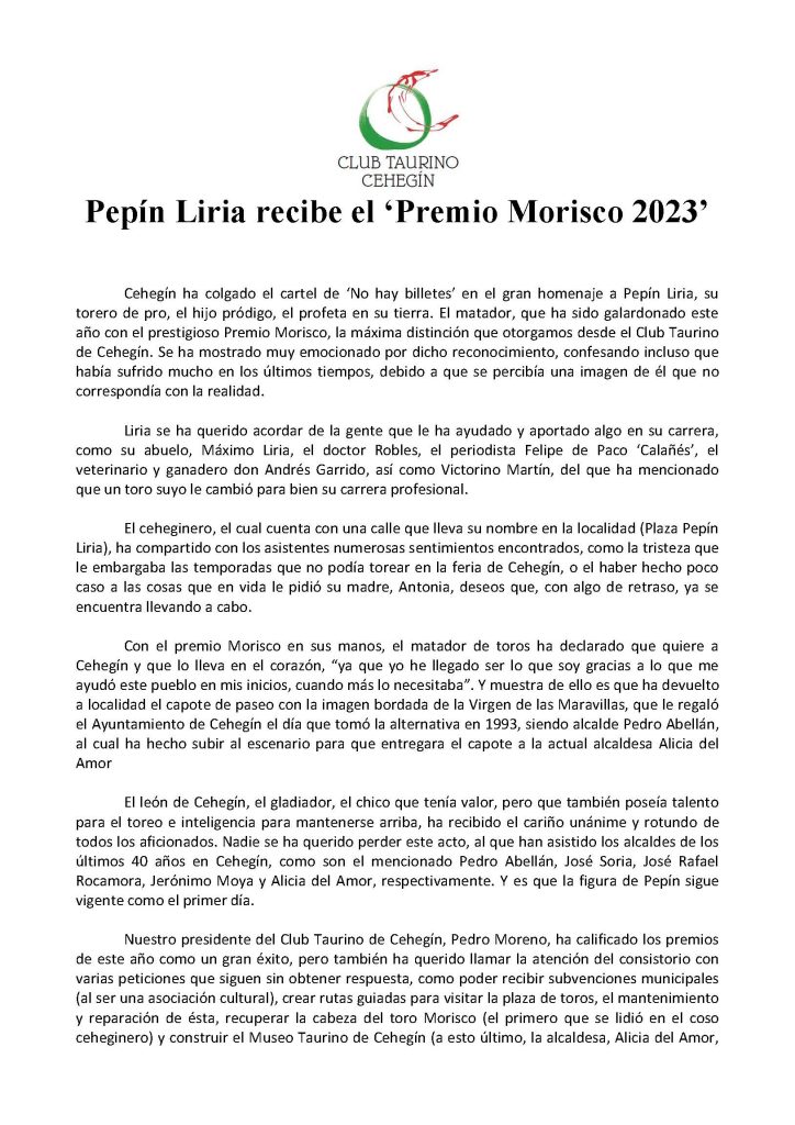 PEPÍN LIRIA recibe el "PREMIO MORISCO 2023"
